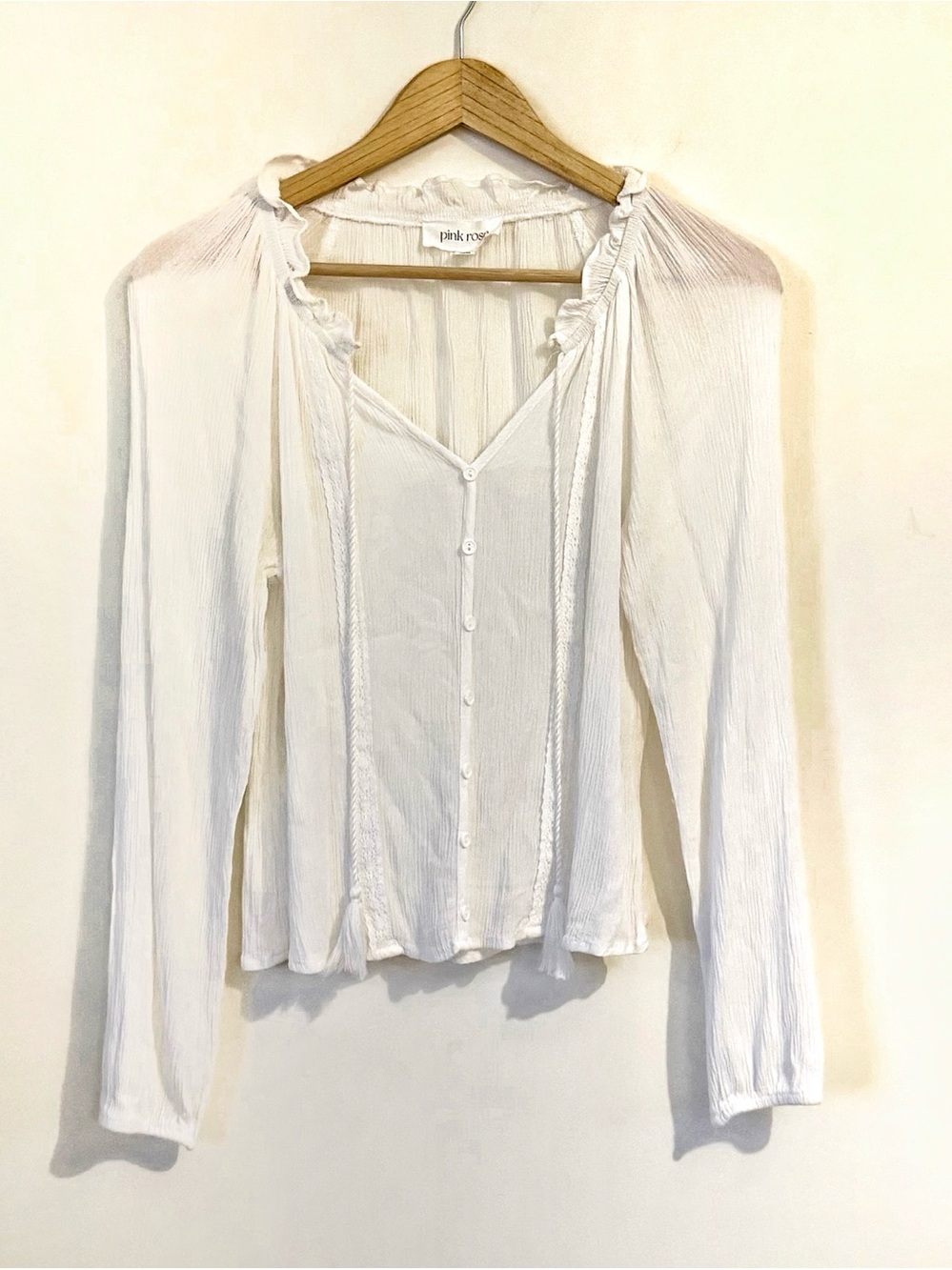 Boho White Ruffled Button-Front Blouse - Picture 1 of 7